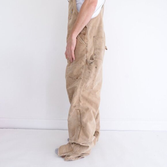 '06 Carhartt Distressed W/ Paint Splatter Tan Quilt Lined Overalls 40x36 USA - Picture 4 of 15